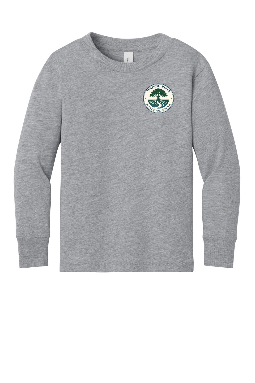 Wading River Montessori BELLA+CANVAS Toddler Jersey Long Sleeve Tee in Athletic Heather with left chest Wading River Montessori School tree logo