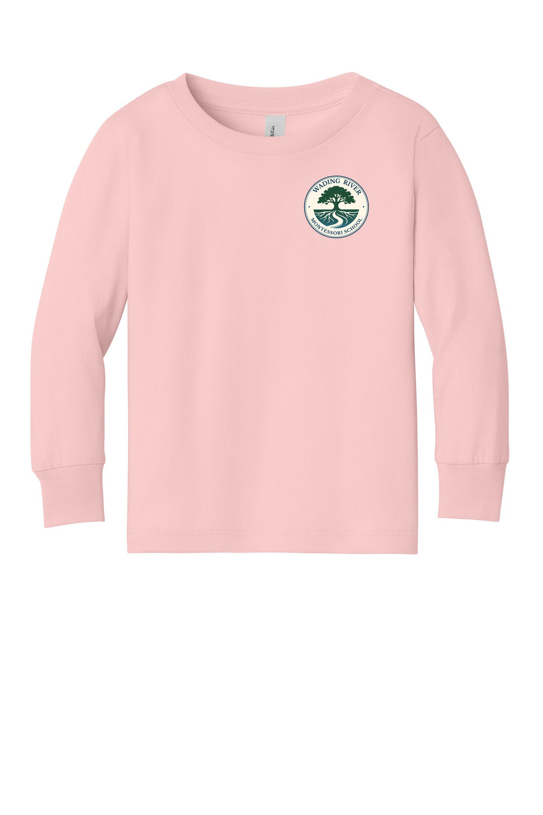 Wading River Montessori BELLA+CANVAS Toddler Jersey Long Sleeve Tee in Pink with left chest Wading River Montessori School tree logo