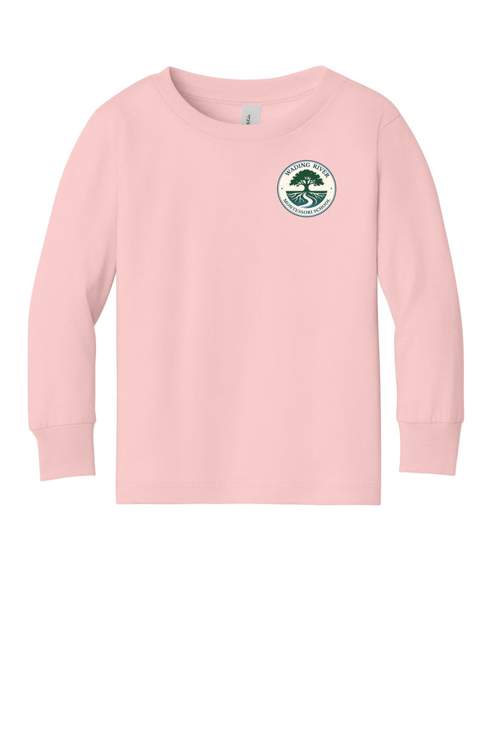 Wading River Montessori BELLA+CANVAS Toddler Jersey Long Sleeve Tee in Pink with left chest Wading River Montessori School tree logo