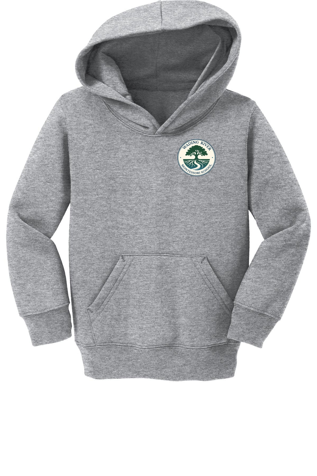 Wading River Montessori Port & Co Toddler Core Fleece Pullover Hooded Sweatshirt in Athletic Heather with left chest Wading River Montessori School tree logo