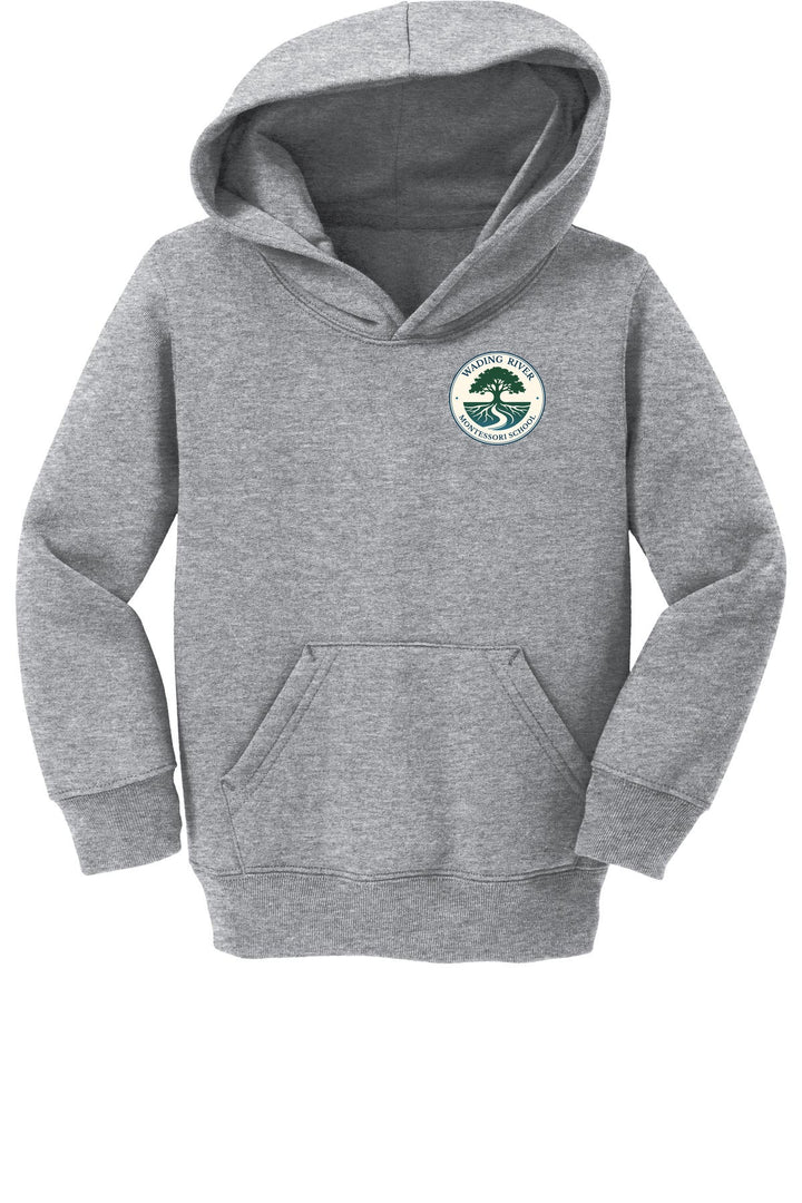 Wading River Montessori Port & Co Toddler Core Fleece Pullover Hooded Sweatshirt in Athletic Heather with left chest Wading River Montessori School tree logo