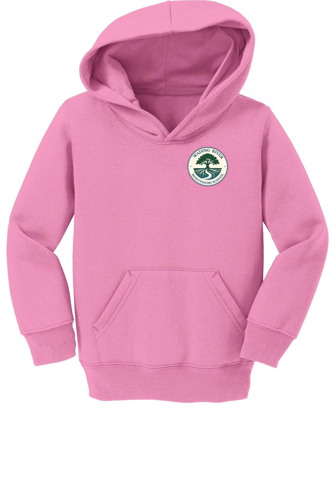 Wading River Montessori Port & Co Toddler Core Fleece Pullover Hooded Sweatshirt in Candy Pink with left chest Wading River Montessori School tree logo