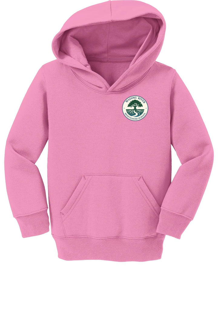 Wading River Montessori Port & Co Toddler Core Fleece Pullover Hooded Sweatshirt in Candy Pink with left chest Wading River Montessori School tree logo