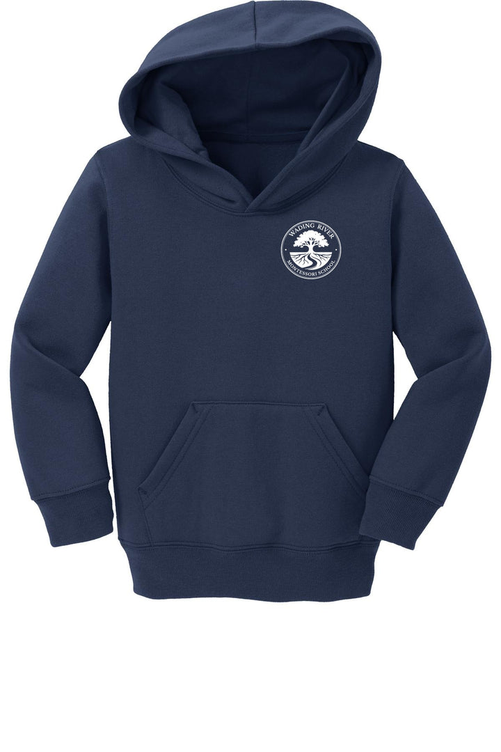 Wading River Montessori Port & Co Toddler Core Fleece Pullover Hooded Sweatshirt in Navy with left chest Wading River Montessori School tree logo