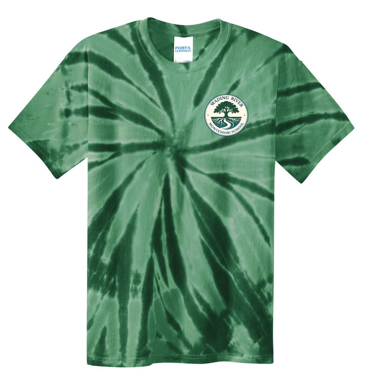 Wading River Montessori Port & Co Youth Tie-Dye Tee in Forest Green with left chest Wading River Montessori School tree logo