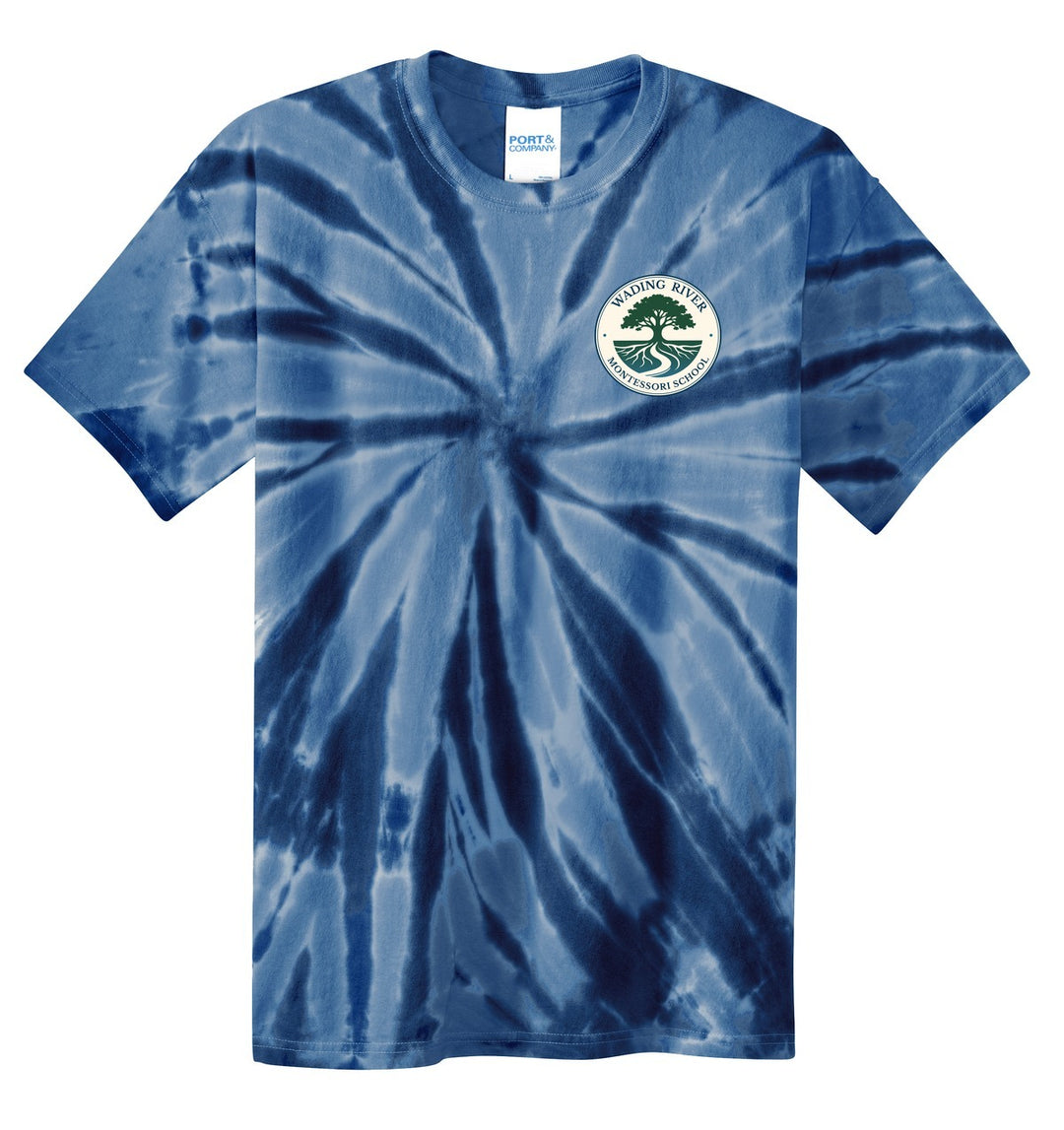 Wading River Montessori Port & Co Youth Tie-Dye Tee in Navy with left chest Wading River Montessori School tree logo