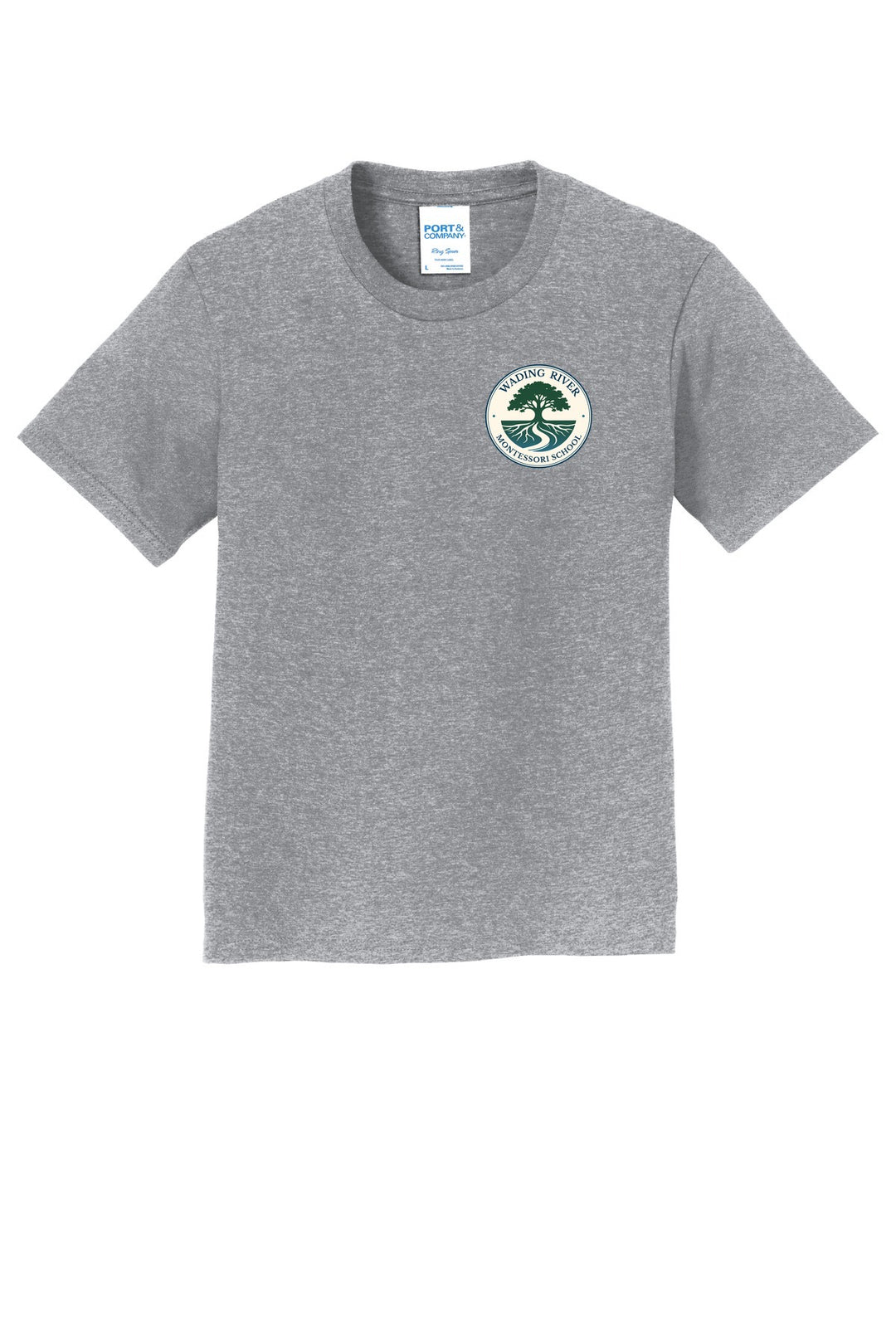 Wading River Montessori Port & Co Youth Fan Favorite Tee in Athletic Heather with left chest Wading River Montessori School tree logo