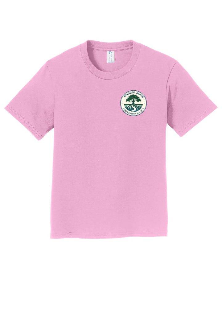 Wading River Montessori Port & Co Youth Fan Favorite Tee in Candy Pink with left chest Wading River Montessori School tree logo