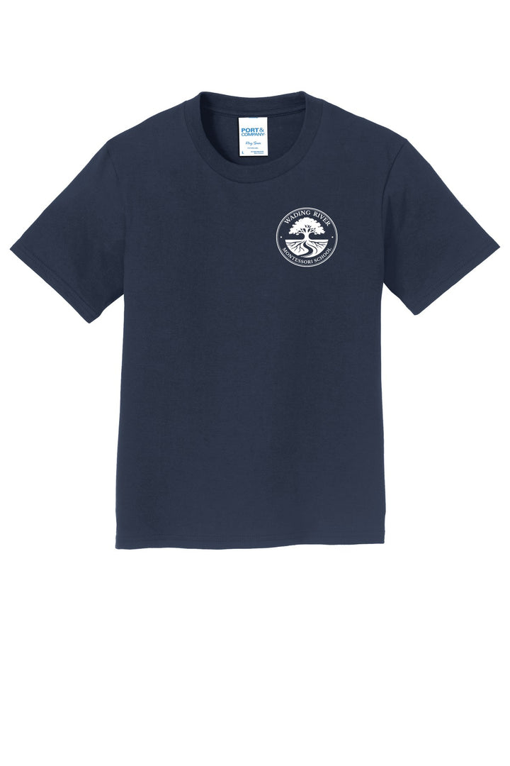 Wading River Montessori Port & Co Youth Fan Favorite Tee in Deep Navy with left chest Wading River Montessori School tree logo