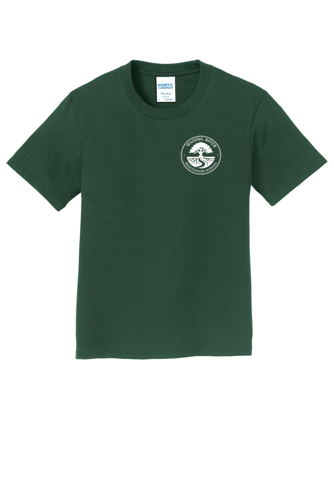 Wading River Montessori Port & Co Youth Fan Favorite Tee in Forest Green with left chest Wading River Montessori School tree logo