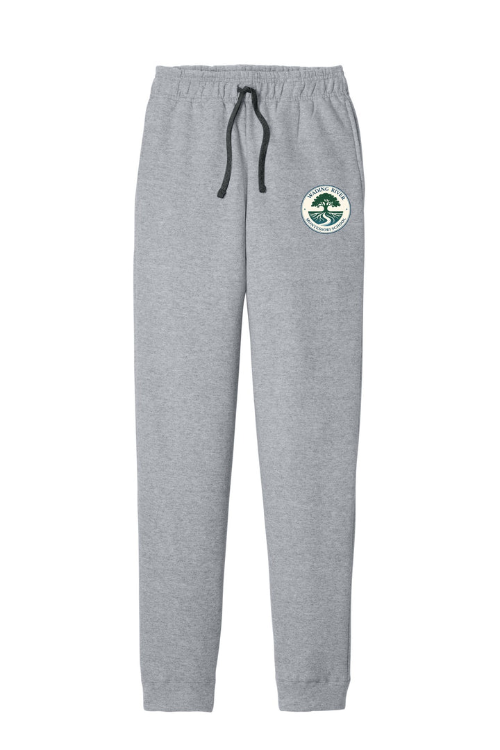Wading River Montessori Port & Co Core Fleece Jogger in Athletic Heather with left leg Wading River Montessori School tree logo
