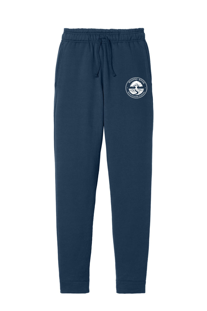 Wading River Montessori Port & Co Core Fleece Jogger in Navy with left leg Wading River Montessori School tree logo