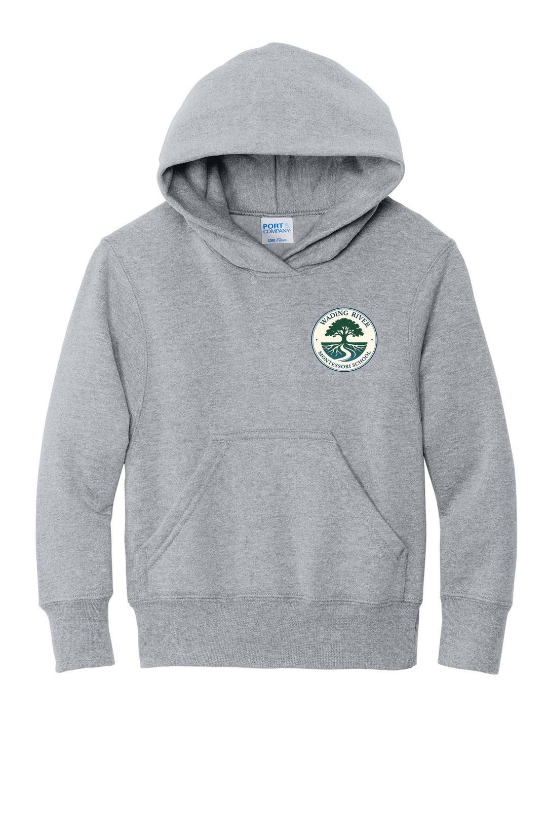 Wading River Montessori Port & Co Youth Core Fleece Pullover Hooded Sweatshirt in Athletic Heather with left chest Wading River Montessori School tree logo