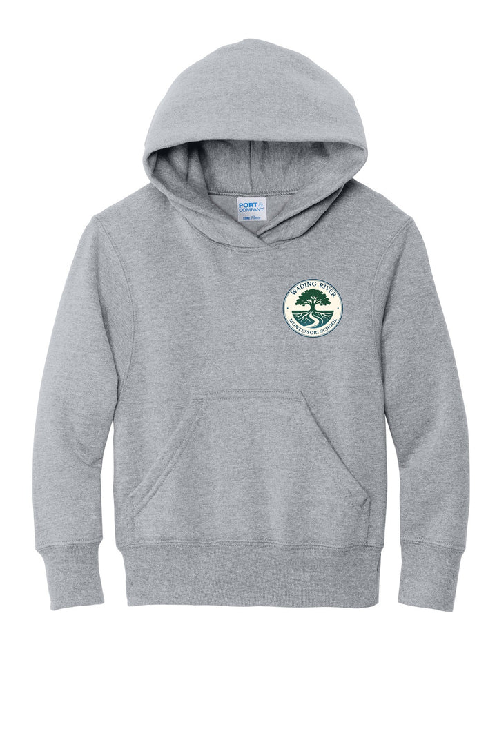 Wading River Montessori Port & Co Youth Core Fleece Pullover Hooded Sweatshirt in Athletic Heather with left chest Wading River Montessori School tree logo