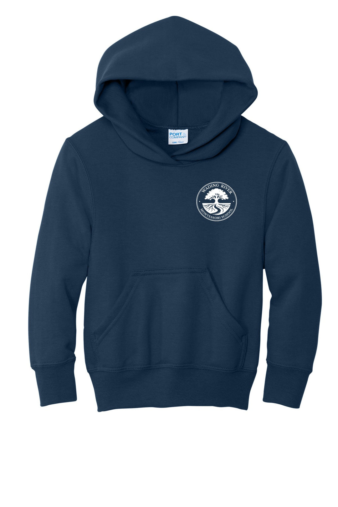 Wading River Montessori Port & Co Youth Core Fleece Pullover Hooded Sweatshirt in Navy with left chest Wading River Montessori School tree logo