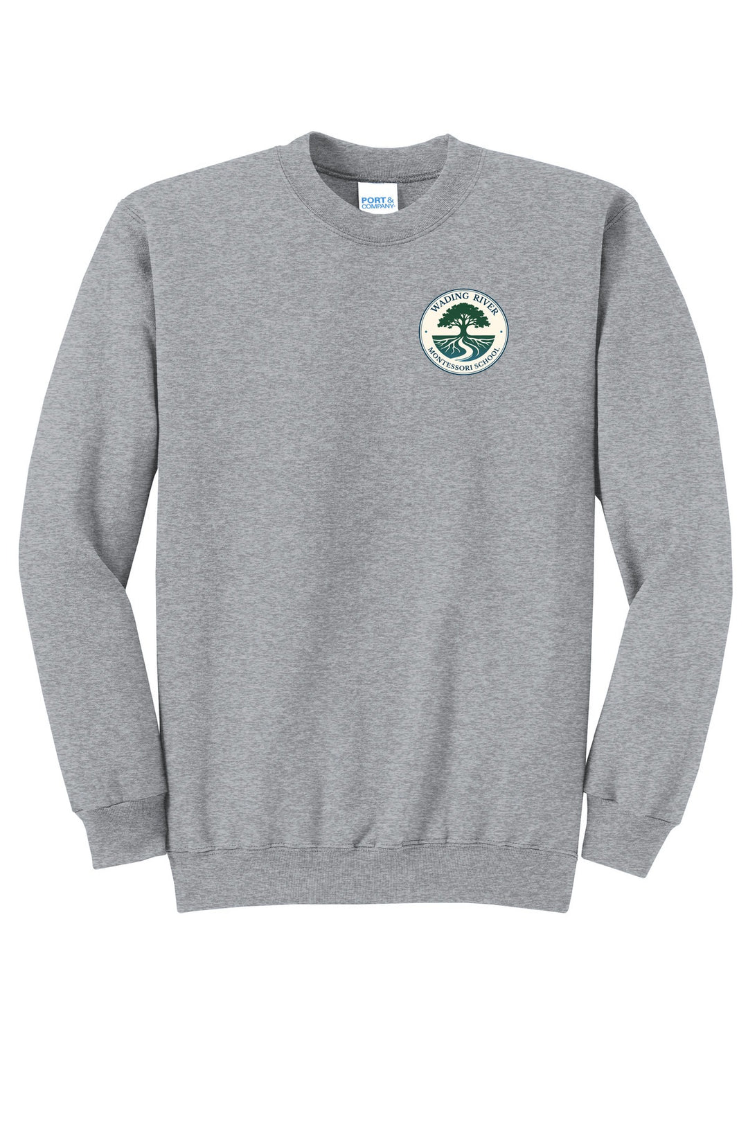 Wading River Montessori Port & Co Core Fleece Crewneck Sweatshirt in Athletic Heather with left chest Wading River Montessori School tree logo