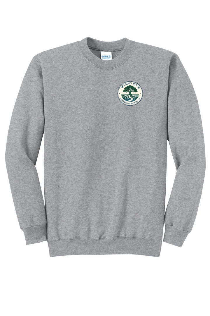 Wading River Montessori Port & Co Core Fleece Crewneck Sweatshirt in Athletic Heather with left chest Wading River Montessori School tree logo