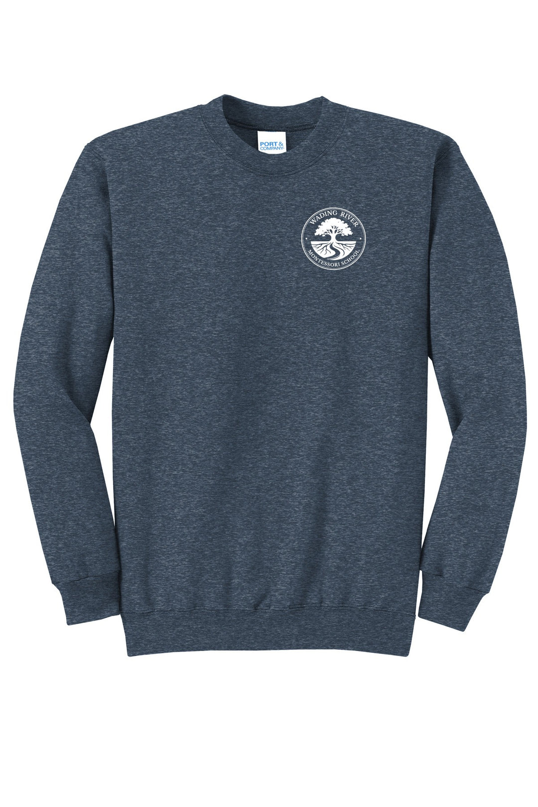Wading River Montessori Port & Co Core Fleece Crewneck Sweatshirt in Heather Navy with left chest Wading River Montessori School tree logo