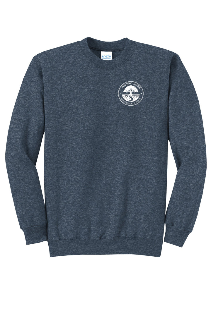 Wading River Montessori Port & Co Core Fleece Crewneck Sweatshirt in Heather Navy with left chest Wading River Montessori School tree logo