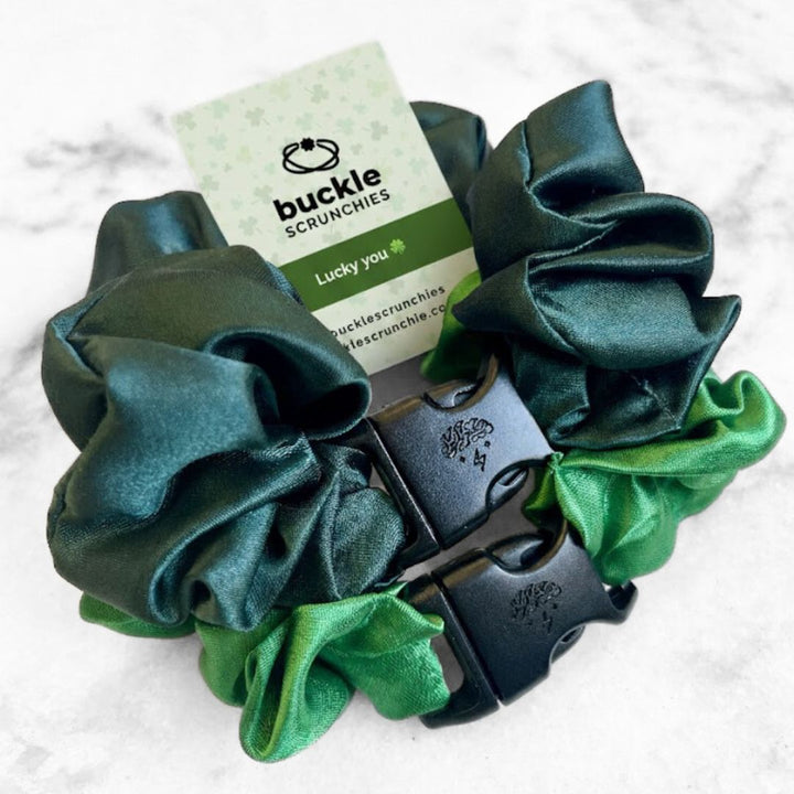 Patty's Green Duo - 2-Pack St. Patrick's Day Buckle Scrunchies - No Snagging, No Tangles