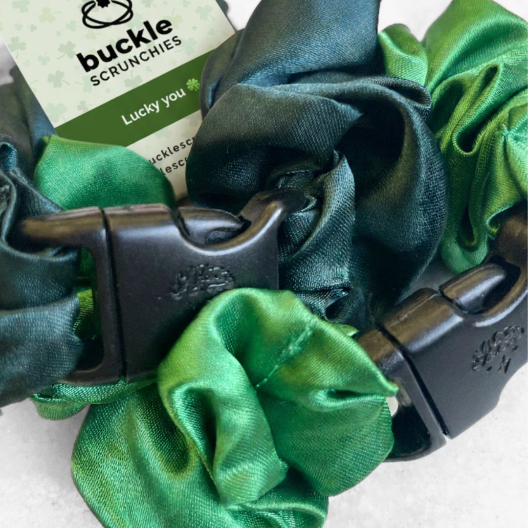 Patty's Green Duo - 2-Pack St. Patrick's Day Buckle Scrunchies - No Snagging, No Tangles
