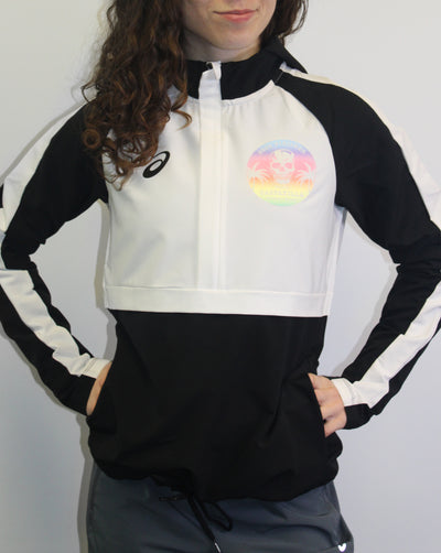 Chaqueta deportiva tejida Gasparilla 2026 FINISHER para mujer de ASICS, color negro/blanco (2032A757.9001)