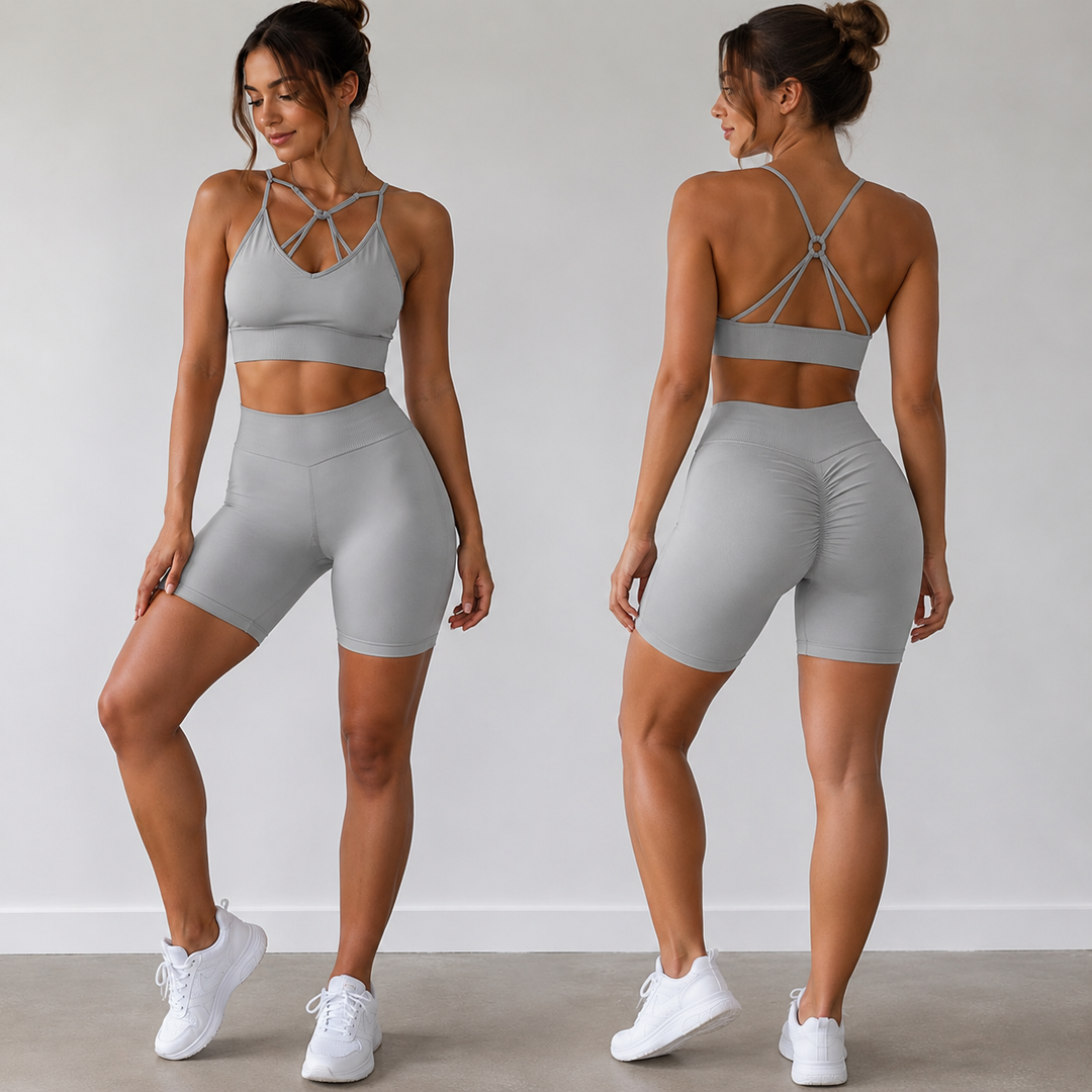 Women’s V-Back Sports Bra Set with High-Waist Shorts
