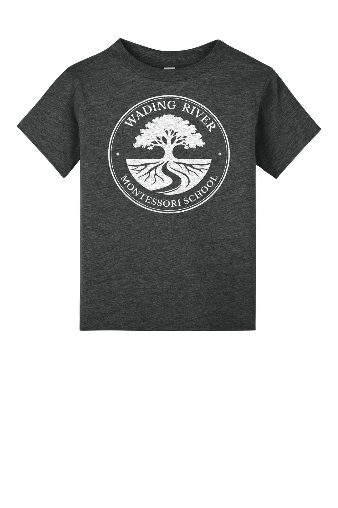 Wading River Montessori BELLA+CANVAS Toddler Short Sleeve Tee in Dark Grey Heather with full chest Wading River Montessori School tree logo