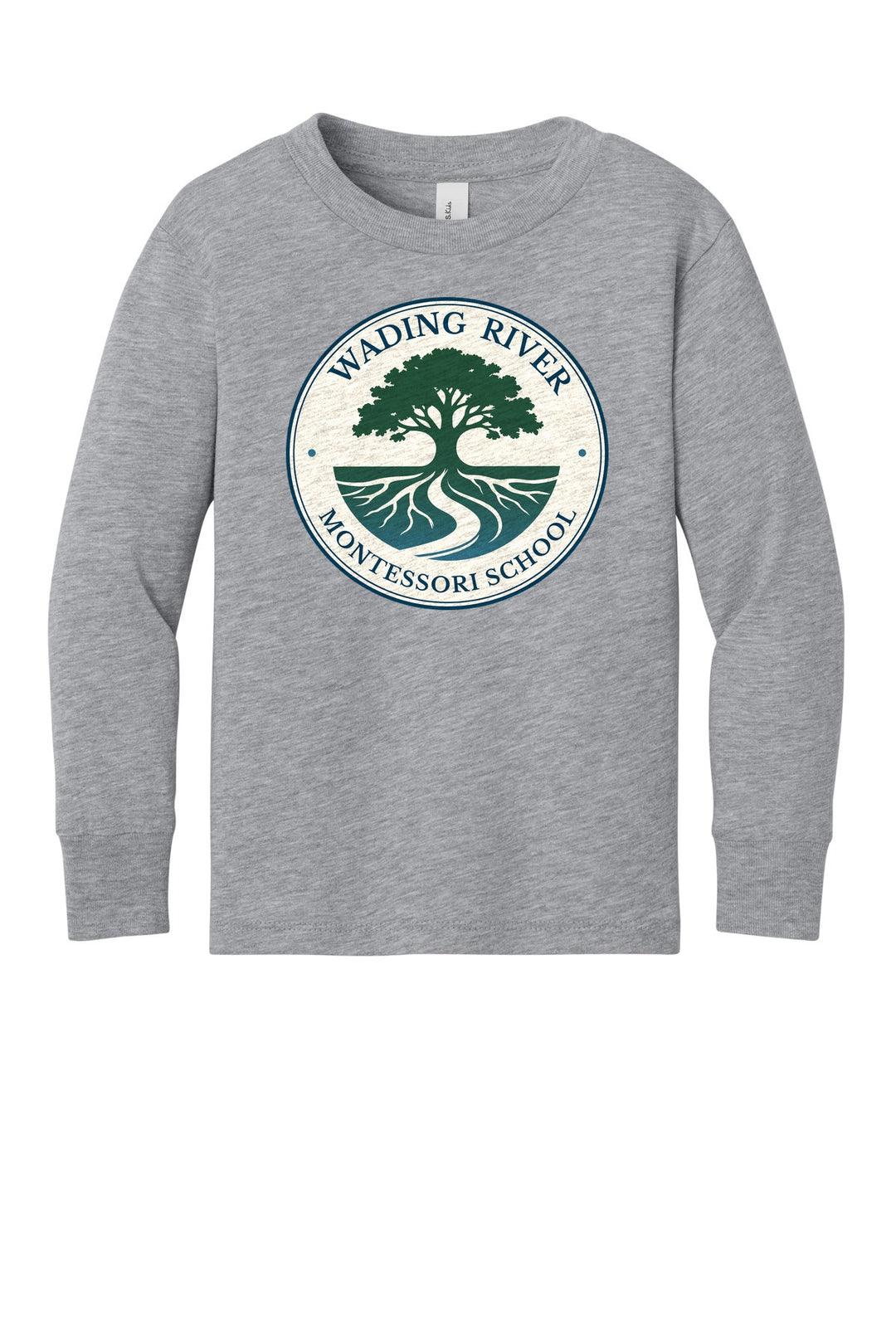 Wading River Montessori BELLA+CANVAS Toddler Jersey Long Sleeve Tee in Athletic Heather with full chest Wading River Montessori School tree logo