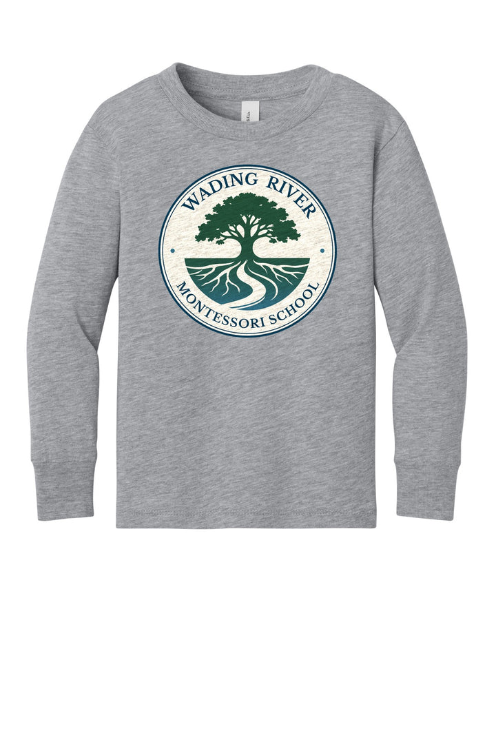 Wading River Montessori BELLA+CANVAS Toddler Jersey Long Sleeve Tee in Athletic Heather with full chest Wading River Montessori School tree logo
