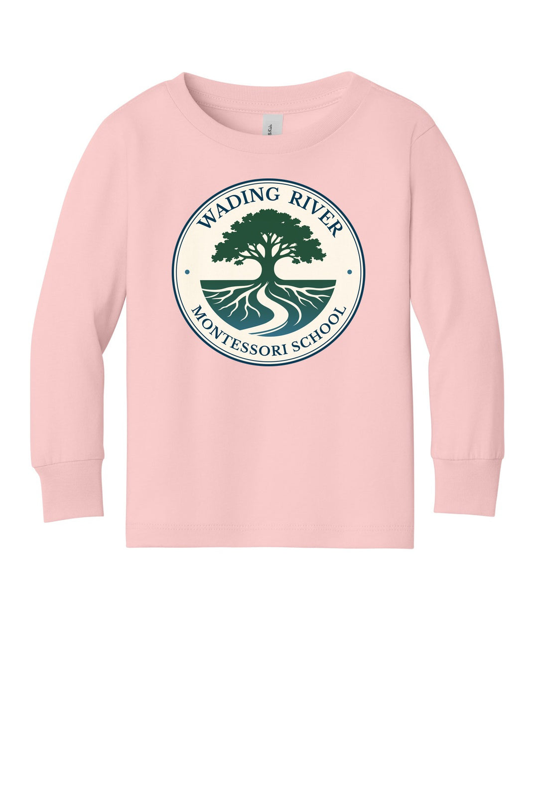 Wading River Montessori BELLA+CANVAS Toddler Jersey Long Sleeve Tee in Pink with full chest Wading River Montessori School tree logo