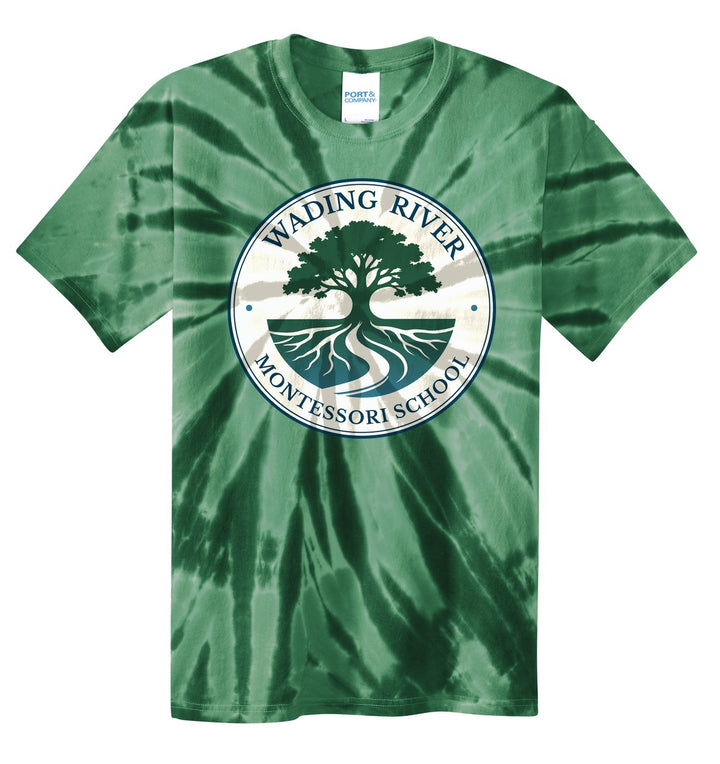 Wading River Montessori Port & Co Youth Tie-Dye Tee in Forest Green with full chest Wading River Montessori School tree logo