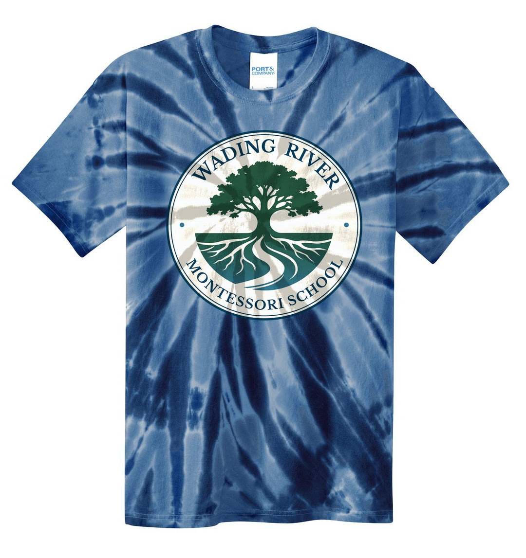 Wading River Montessori Port & Co Youth Tie-Dye Tee in Navy with full chest Wading River Montessori School tree logo