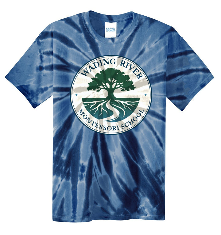 Wading River Montessori Port & Co Youth Tie-Dye Tee in Navy with full chest Wading River Montessori School tree logo
