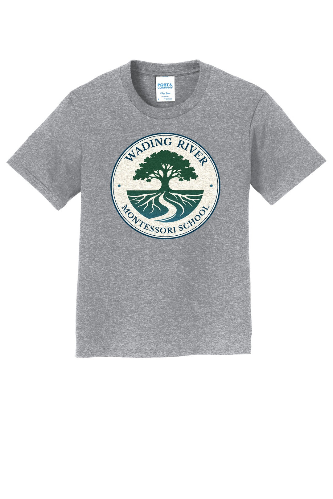 Wading River Montessori Port & Co Youth Fan Favorite Tee in Athletic Heather with full chest Wading River Montessori School tree logo