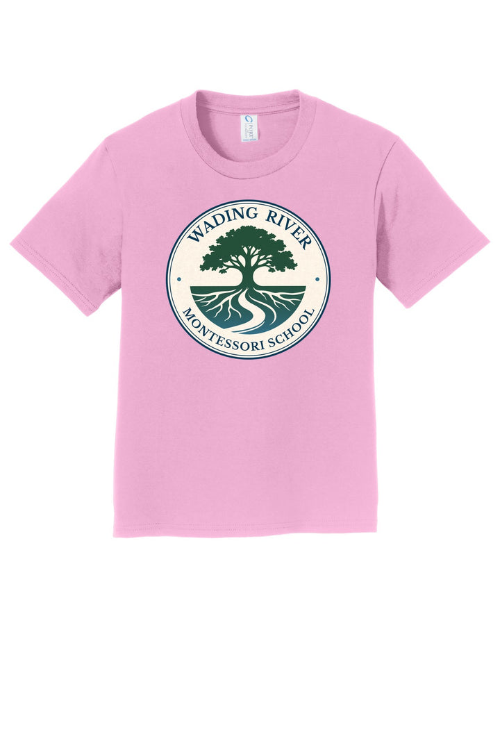 Wading River Montessori Port & Co Youth Fan Favorite Tee in Candy Pink with full chest Wading River Montessori School tree logo