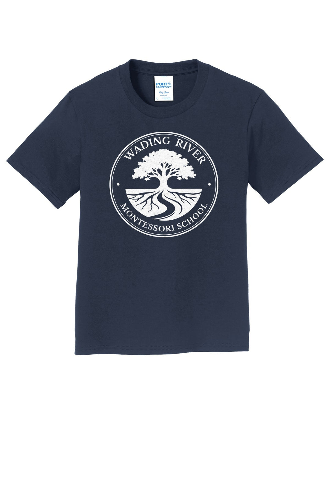 Wading River Montessori Port & Co Youth Fan Favorite Tee in Deep Navy with full chest Wading River Montessori School tree logo