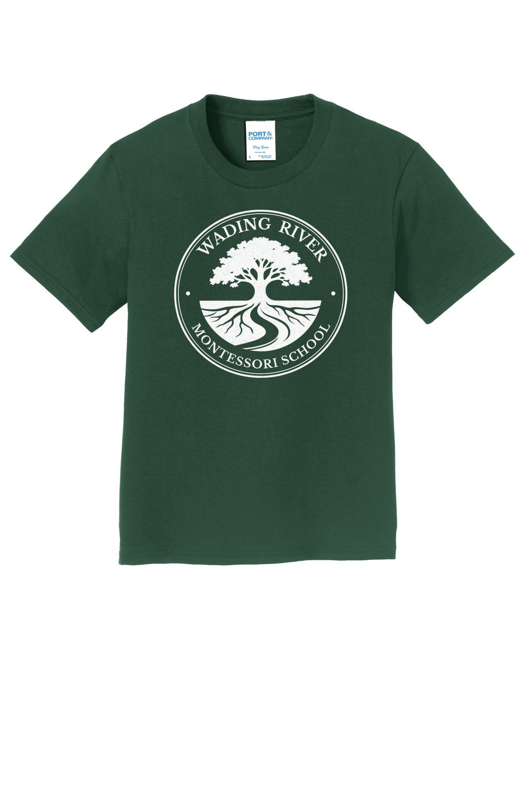 Wading River Montessori Port & Co Youth Fan Favorite Tee in Forest Green with full chest Wading River Montessori School tree logo