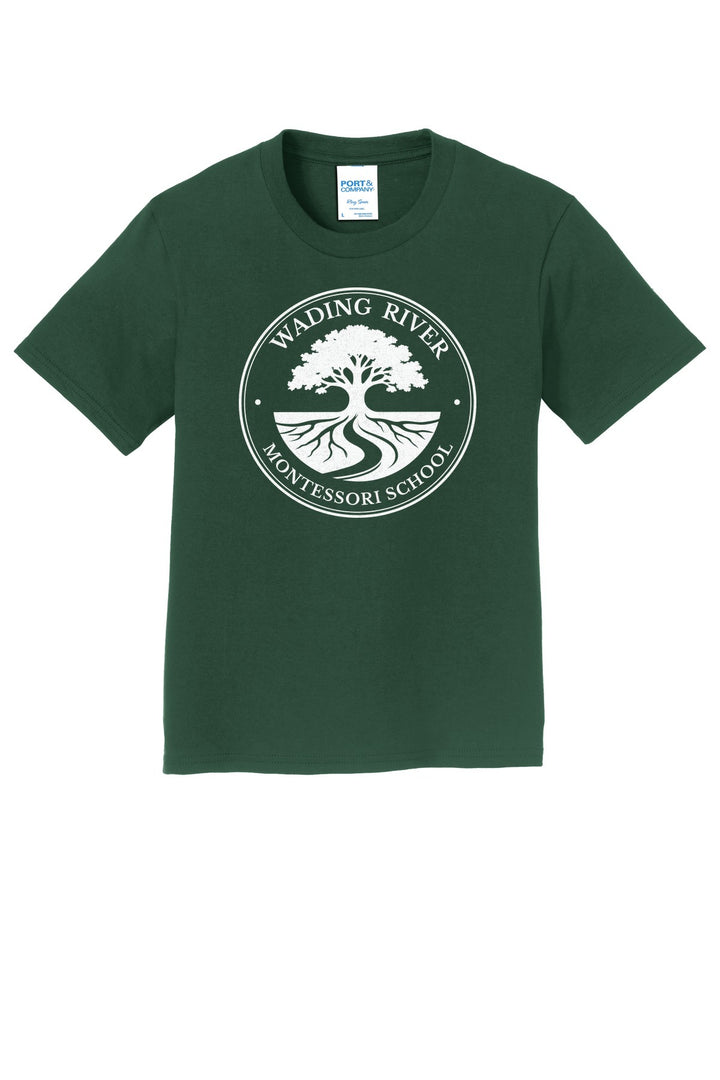 Wading River Montessori Port & Co Youth Fan Favorite Tee in Forest Green with full chest Wading River Montessori School tree logo