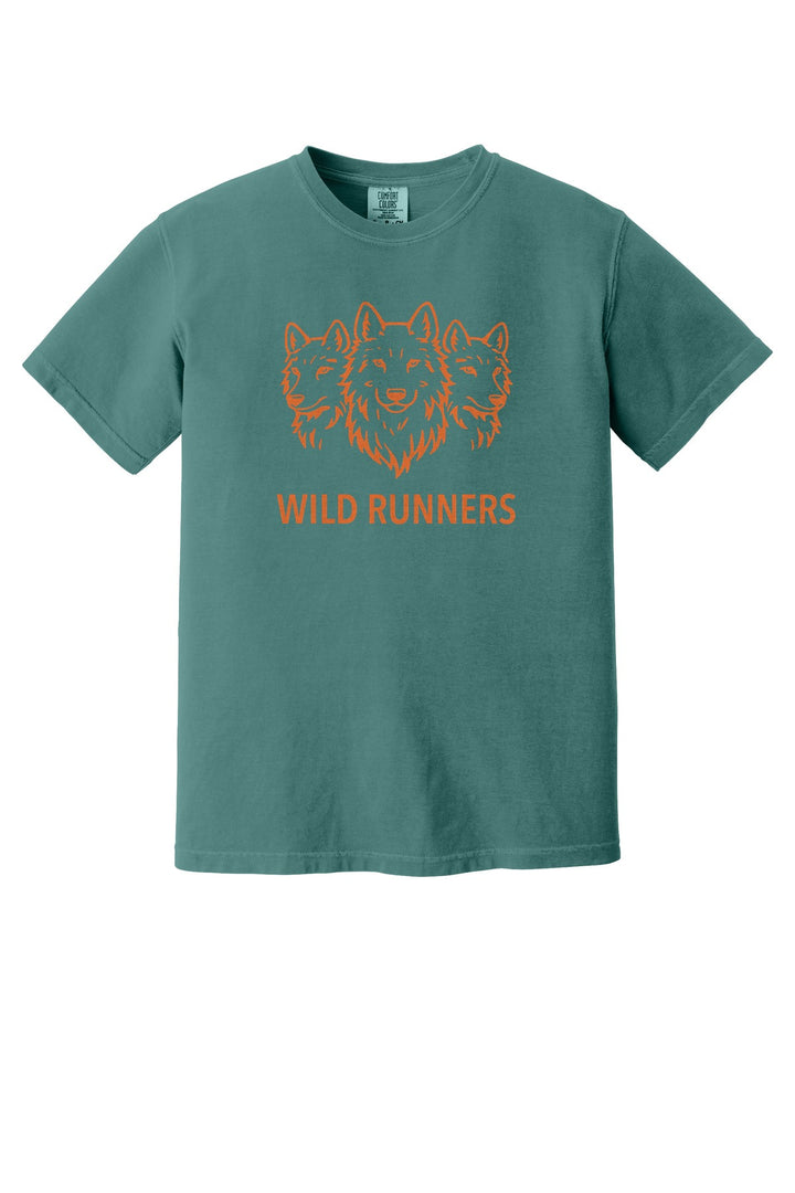 Wild Runners Run Club Comfort Colors Heavyweight Tee in Emerald with full-chest Wild Runners wolf logo (W293)