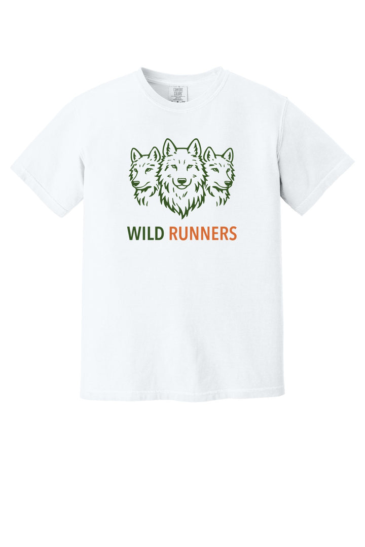 Wild Runners Run Club Comfort Colors Heavyweight Tee in White with full-chest Wild Runners wolf logo (W292)