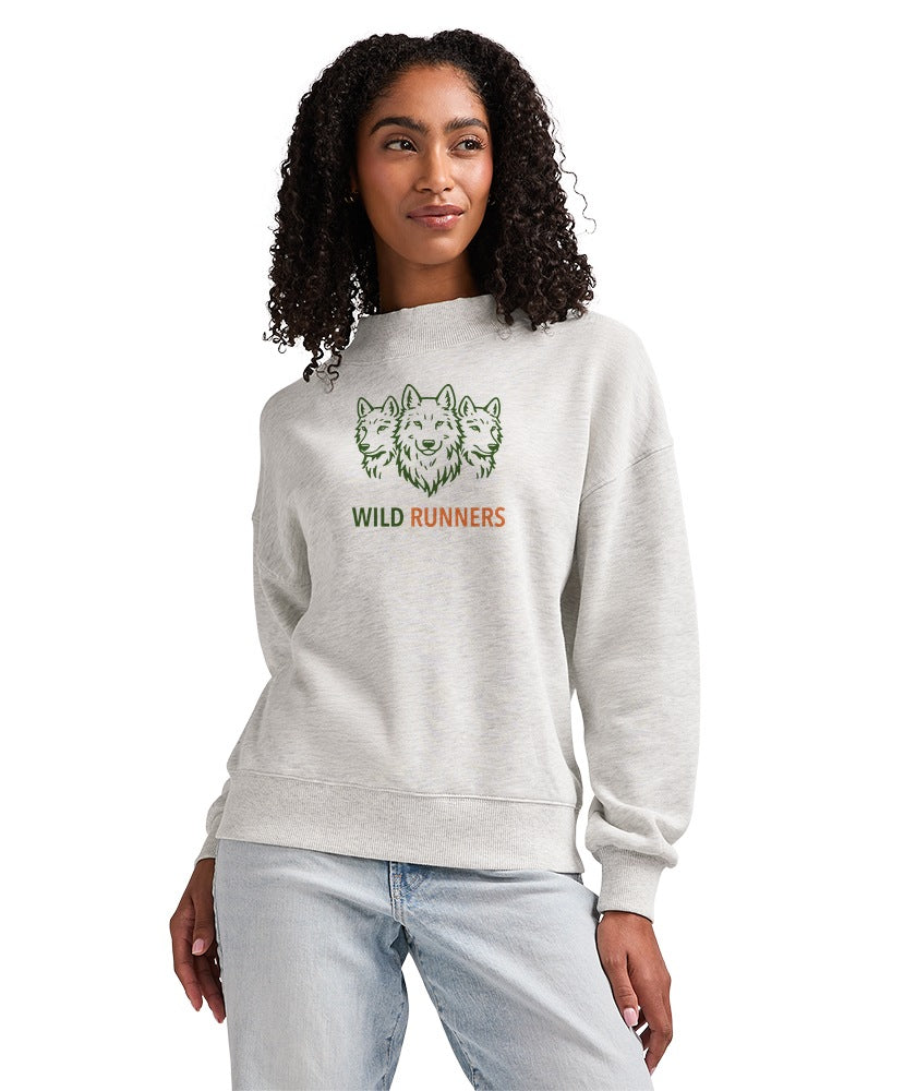 Wild Runners Run Club Women's Willow Mock-Neck Sweatshirt in Oatmeal Heather with full-chest Wild Runners wolf logo (W292)
