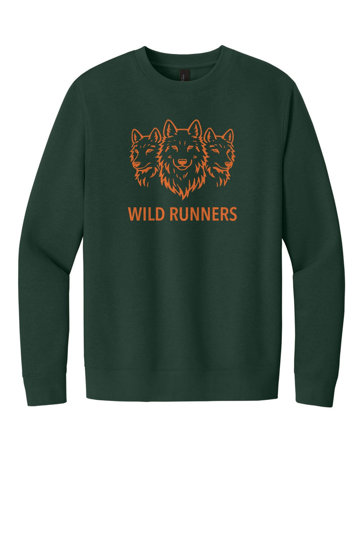 Wild Runners Run Club V.I.T. Fleece Crew in Forest Green with full-chest Wild Runners wolf logo (W293)