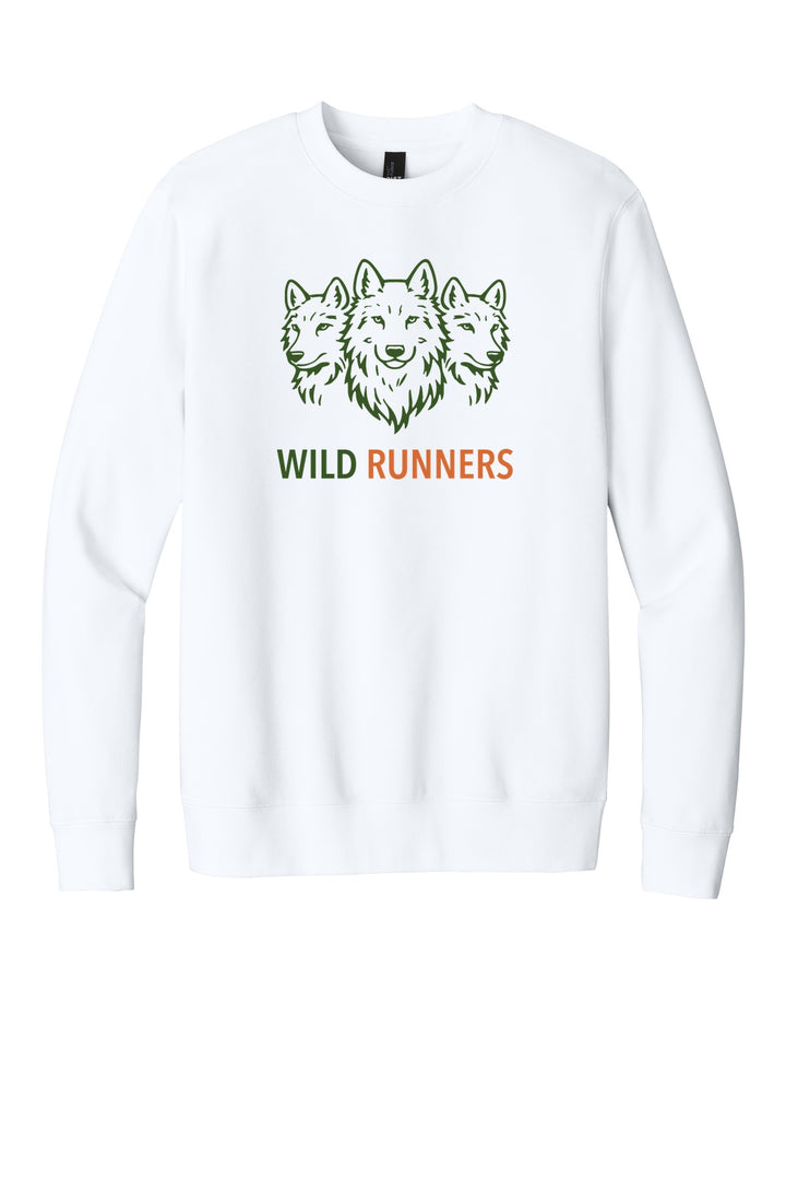 Wild Runners Run Club V.I.T. Fleece Crew in White with full-chest Wild Runners wolf logo (W292)