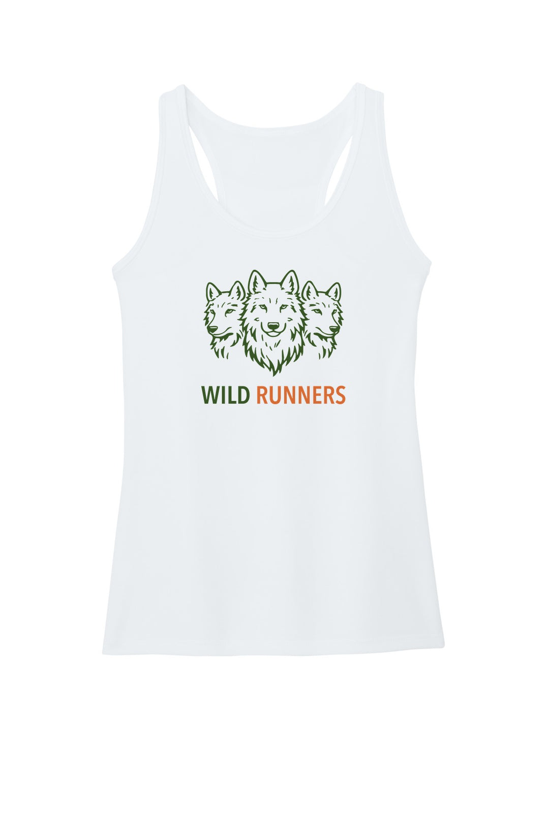 Wild Runners Run Club Women's Performance Tank in White with full-chest Wild Runners wolf logo (W292)