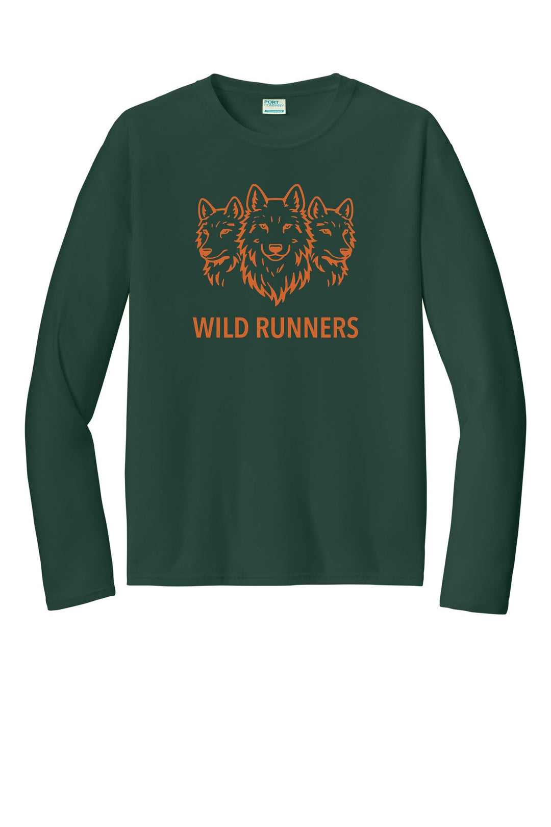 Wild Runners Run Club Long Sleeve Performance Tee in Dark Green with full-chest Wild Runners wolf logo (W293)