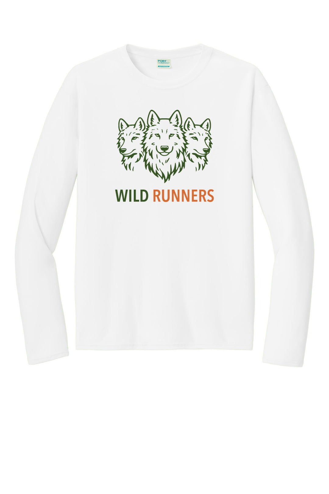 Wild Runners Run Club Long Sleeve Performance Tee in White with full-chest Wild Runners wolf logo (W292)